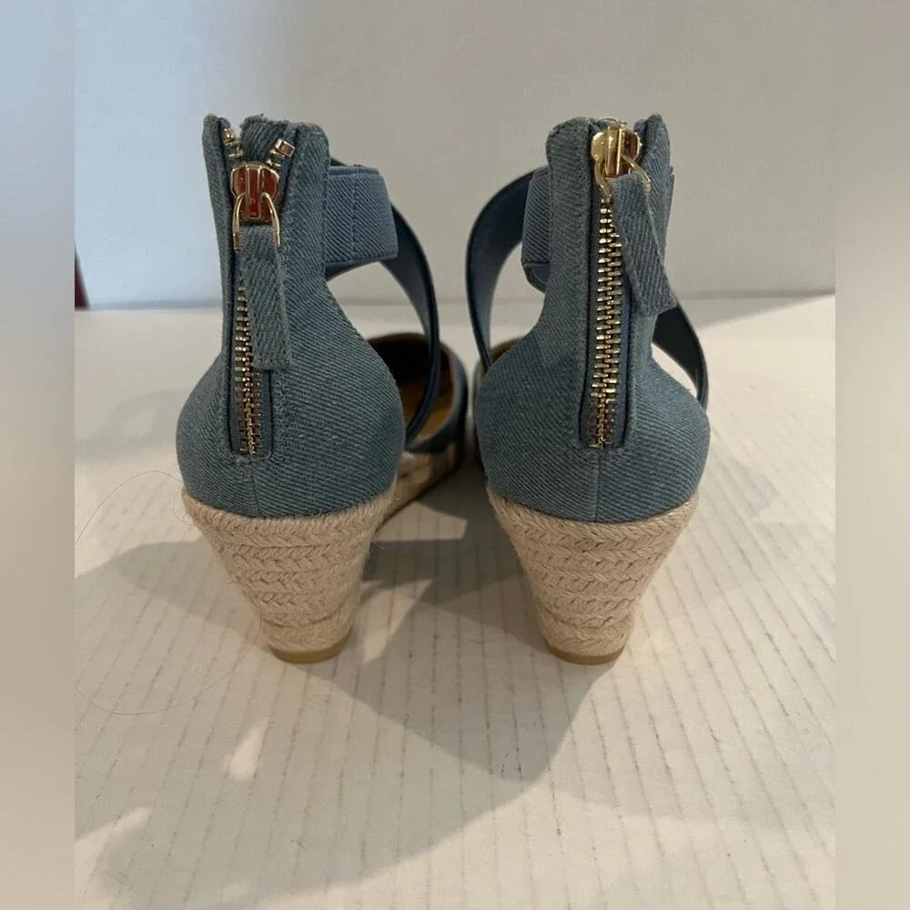 Talbots Lyndsay Espadrille Denim Wedge Criss Cross Straps Back Zip Shoes Sz 9 - Picture 7 of 11